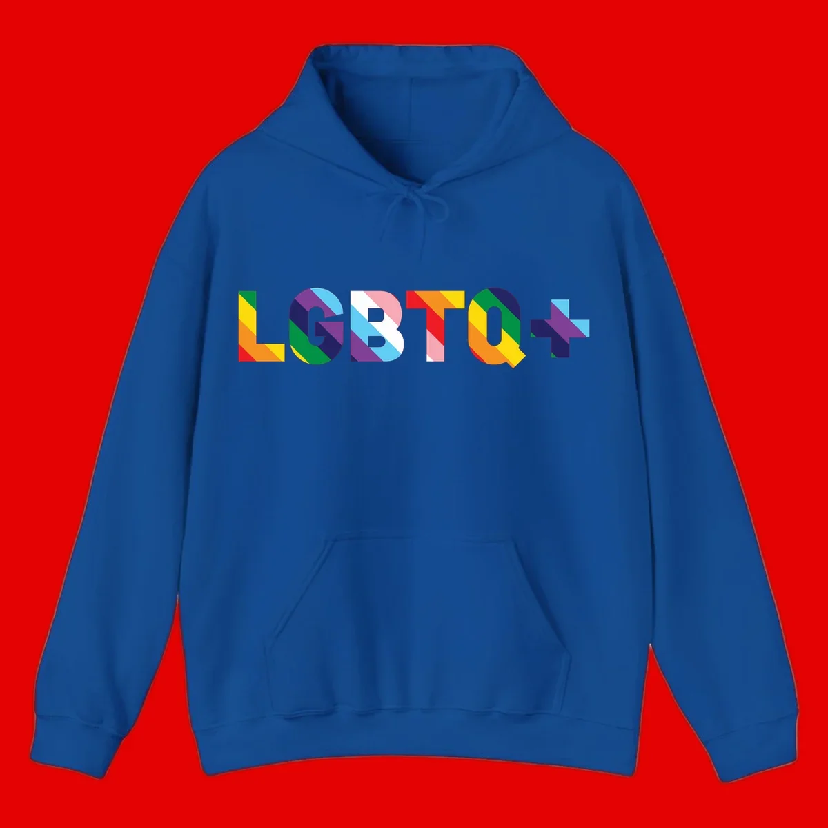 Colorful lgbtq-pride-letters design with diagonal rainbow stripes in red, orange, yellow, green, cyan, purple, and navy forming bold text