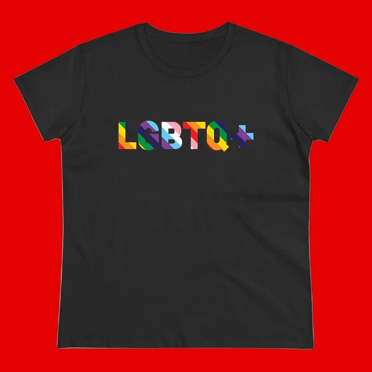 Colorful lgbtq-pride-letters design with diagonal rainbow stripes in red, orange, yellow, green, cyan, purple, and navy forming bold text