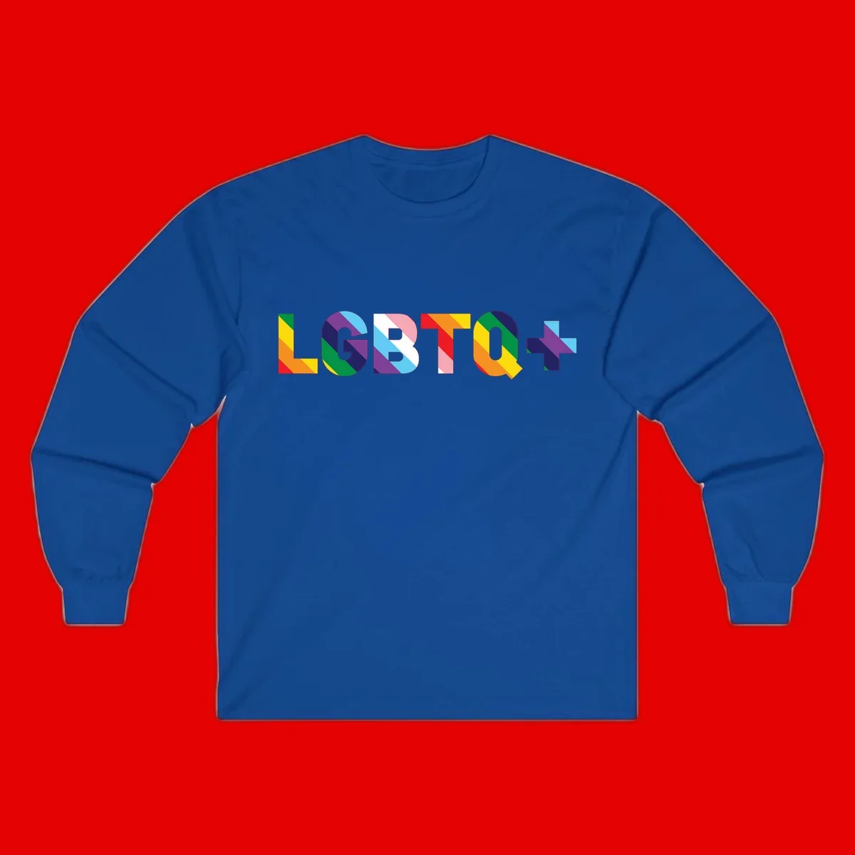 Colorful lgbtq-pride-letters design with diagonal rainbow stripes in red, orange, yellow, green, cyan, purple, and navy forming bold text