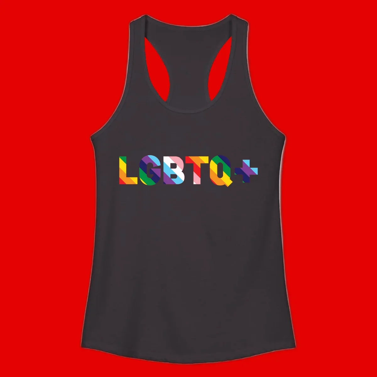 Colorful lgbtq-pride-letters design with diagonal rainbow stripes in red, orange, yellow, green, cyan, purple, and navy forming bold text