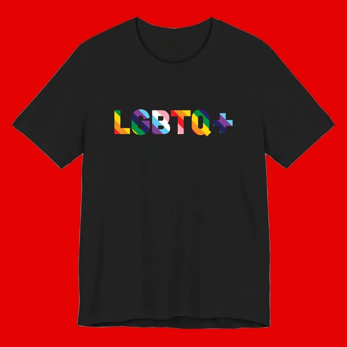 Colorful lgbtq-pride-letters design with diagonal rainbow stripes in red, orange, yellow, green, cyan, purple, and navy forming bold text