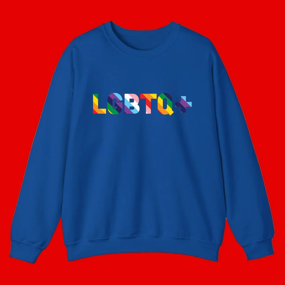 Colorful lgbtq-pride-letters design with diagonal rainbow stripes in red, orange, yellow, green, cyan, purple, and navy forming bold text