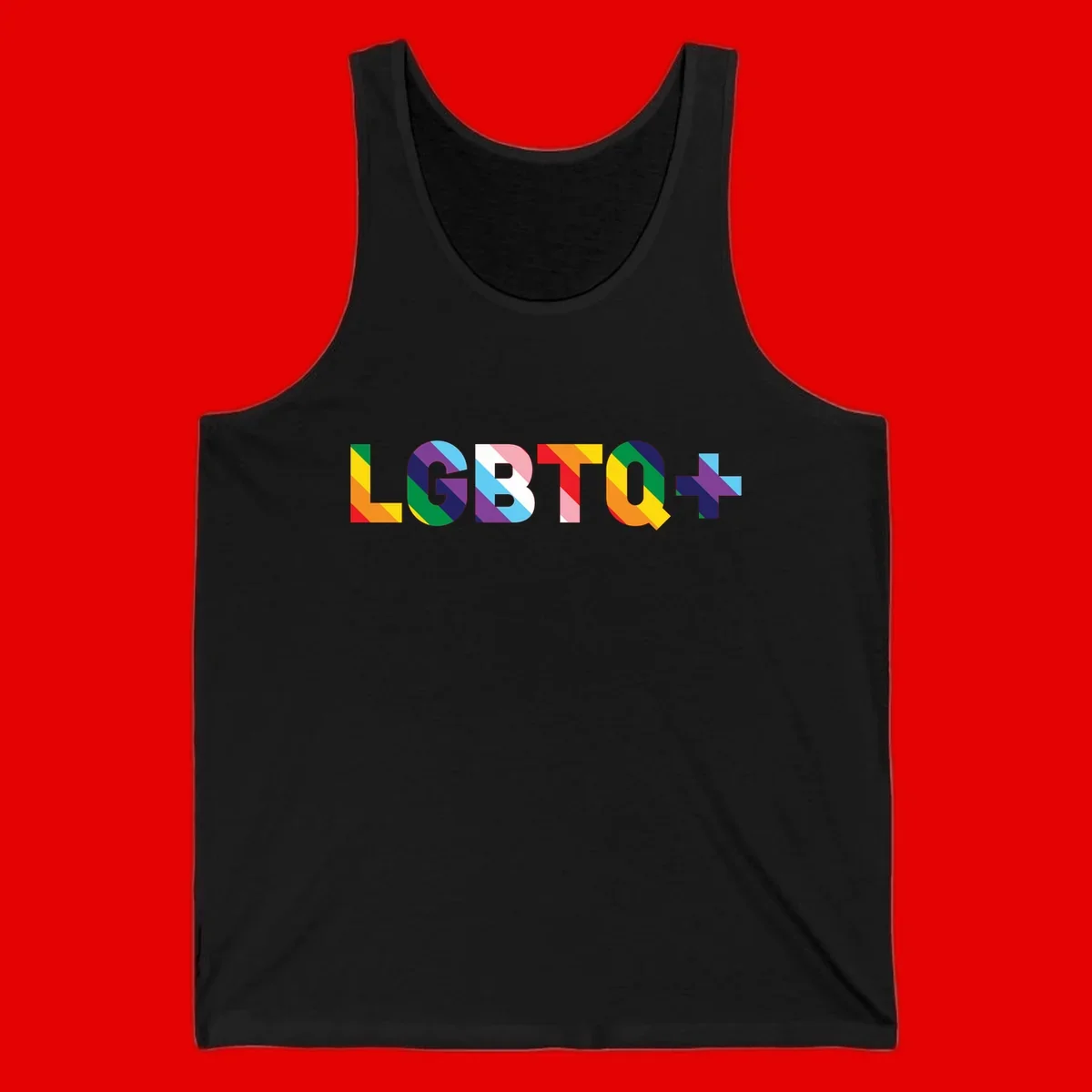Colorful lgbtq-pride-letters design with diagonal rainbow stripes in red, orange, yellow, green, cyan, purple, and navy forming bold text