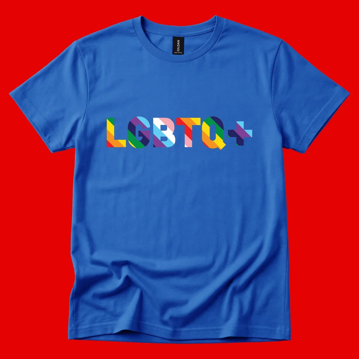 Colorful lgbtq-pride-letters design with diagonal rainbow stripes in red, orange, yellow, green, cyan, purple, and navy forming bold text