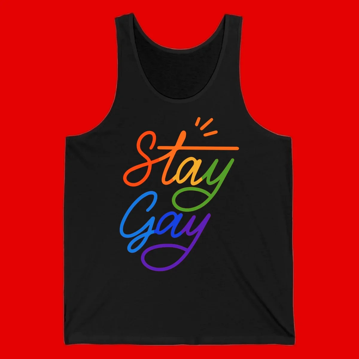Colorful rainbow text reading 'Stay Gay' with green checkmark and orange exclamation marks, celebrating LGBTQ+ pride