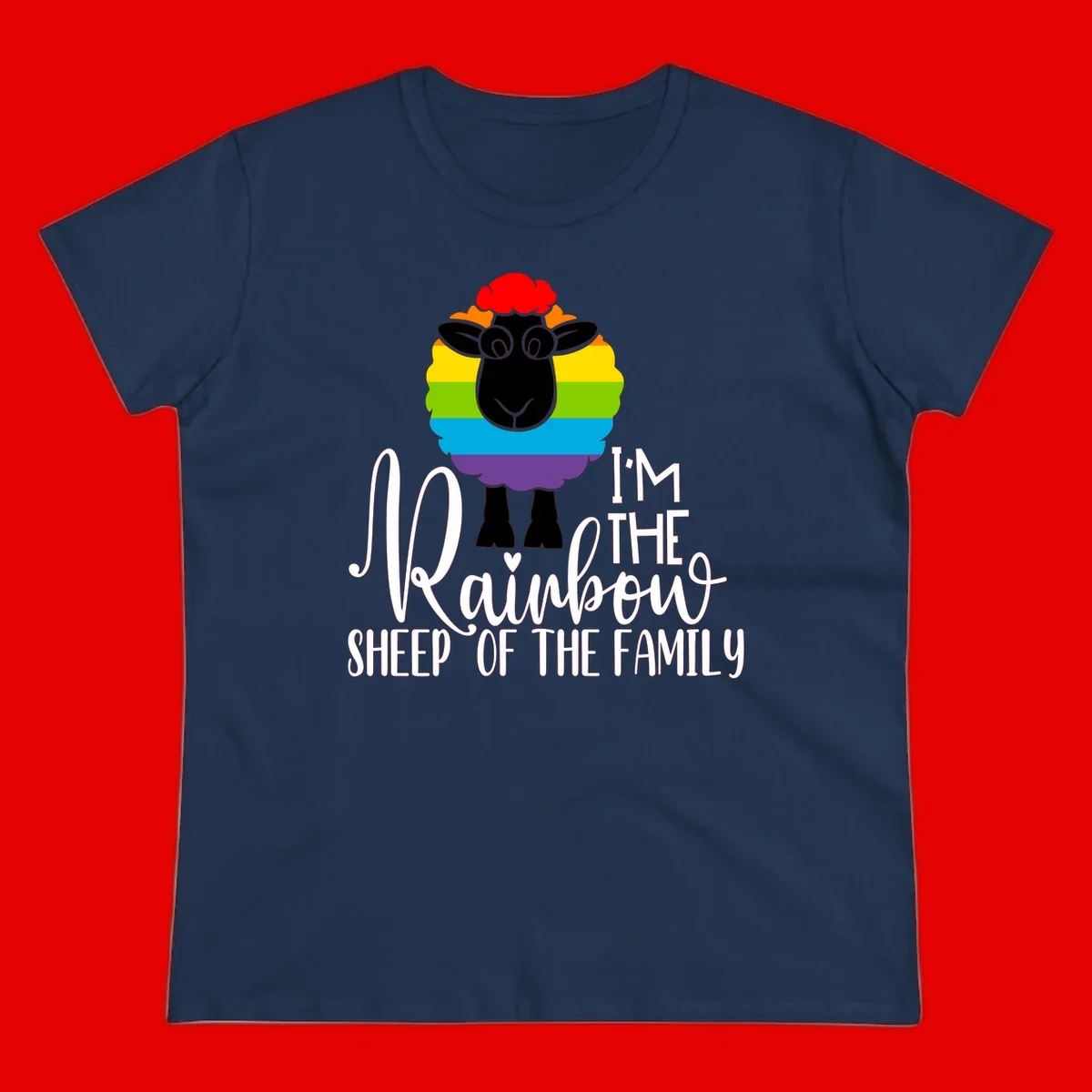Colorful illustration of a smiling black sheep with rainbow-striped wool and red curly hair, with text reading 'I'm The Rainbow Sheep Of The Family'