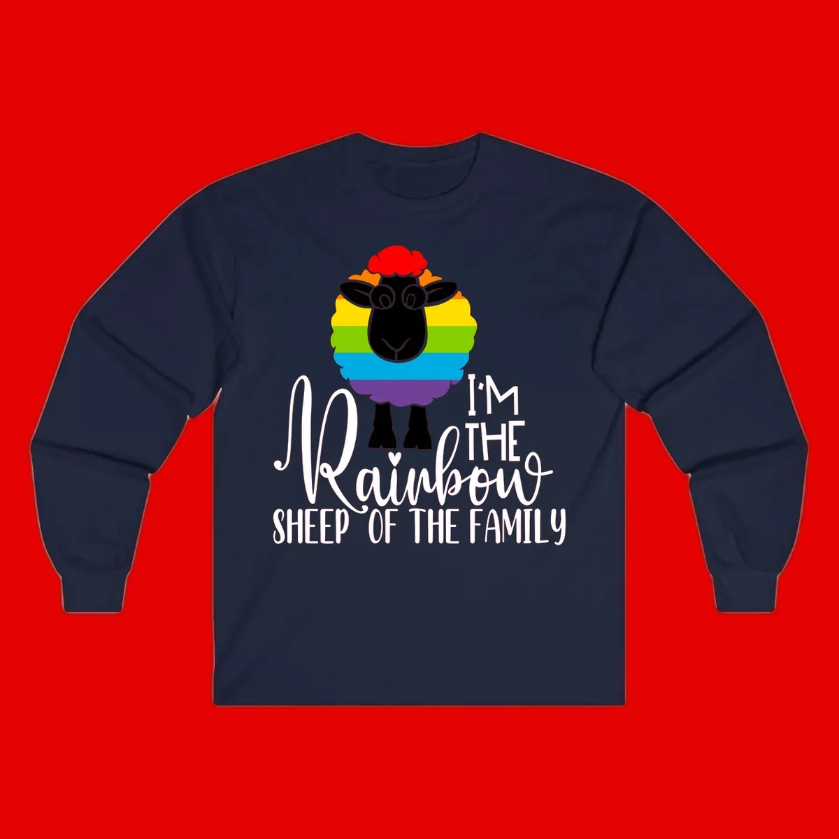 Colorful illustration of a smiling black sheep with rainbow-striped wool and red curly hair, with text reading 'I'm The Rainbow Sheep Of The Family'