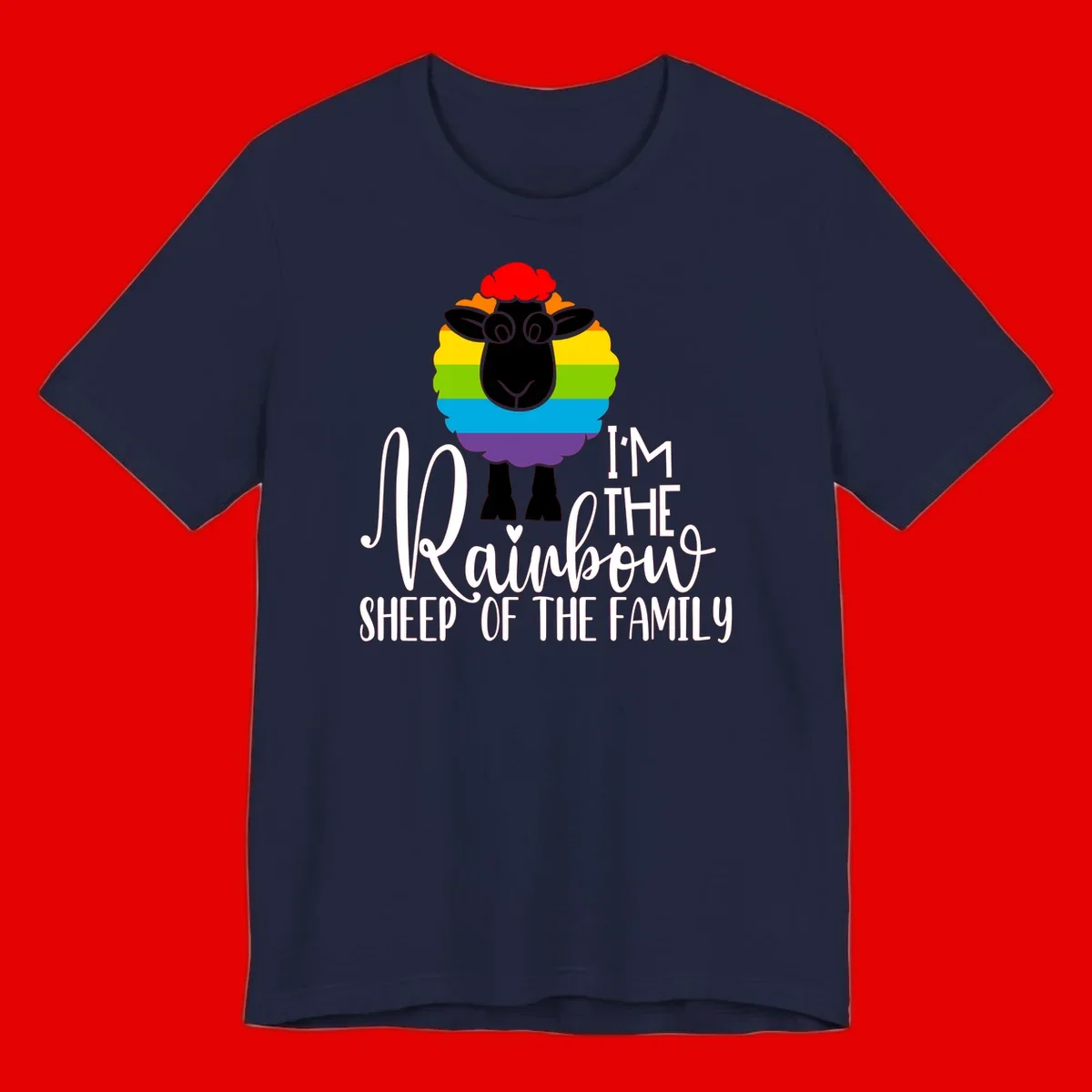 Colorful illustration of a smiling black sheep with rainbow-striped wool and red curly hair, with text reading 'I'm The Rainbow Sheep Of The Family'