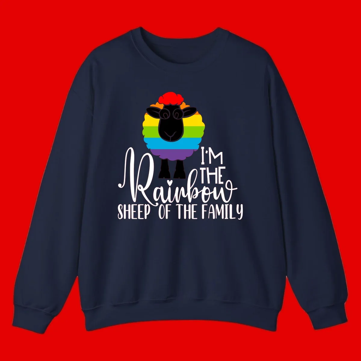 Colorful illustration of a smiling black sheep with rainbow-striped wool and red curly hair, with text reading 'I'm The Rainbow Sheep Of The Family'