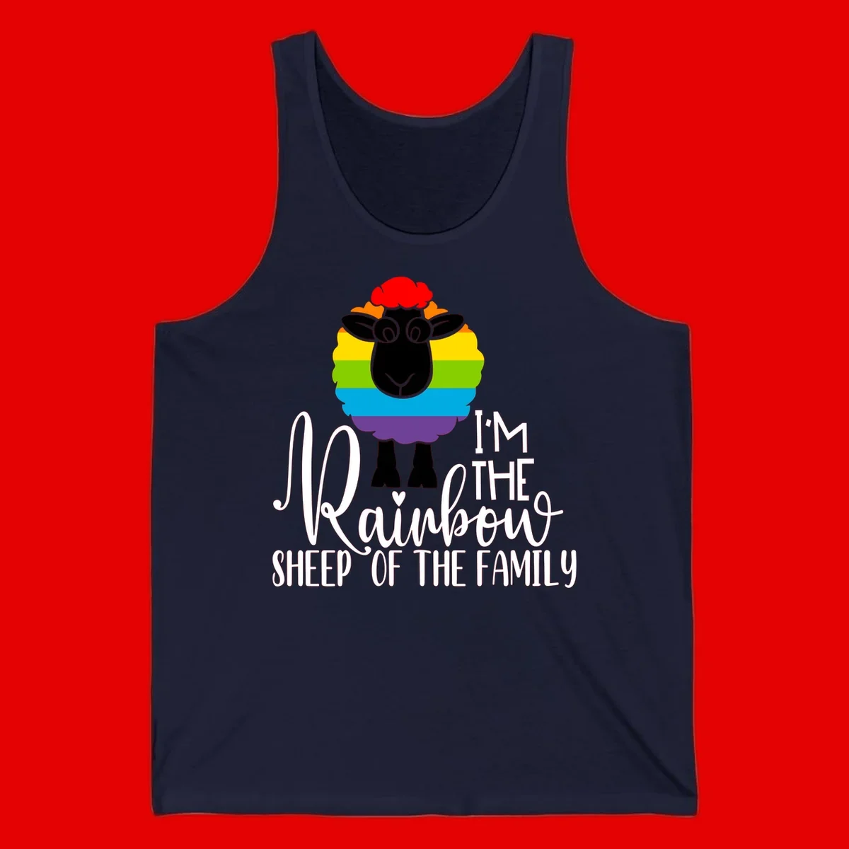 Colorful illustration of a smiling black sheep with rainbow-striped wool and red curly hair, with text reading 'I'm The Rainbow Sheep Of The Family'