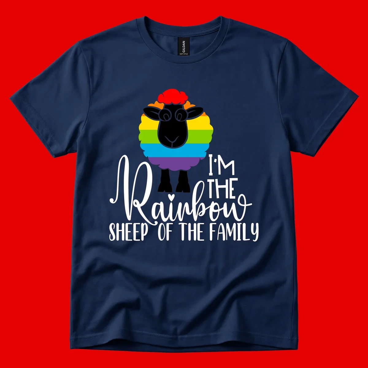 Colorful illustration of a smiling black sheep with rainbow-striped wool and red curly hair, with text reading 'I'm The Rainbow Sheep Of The Family'