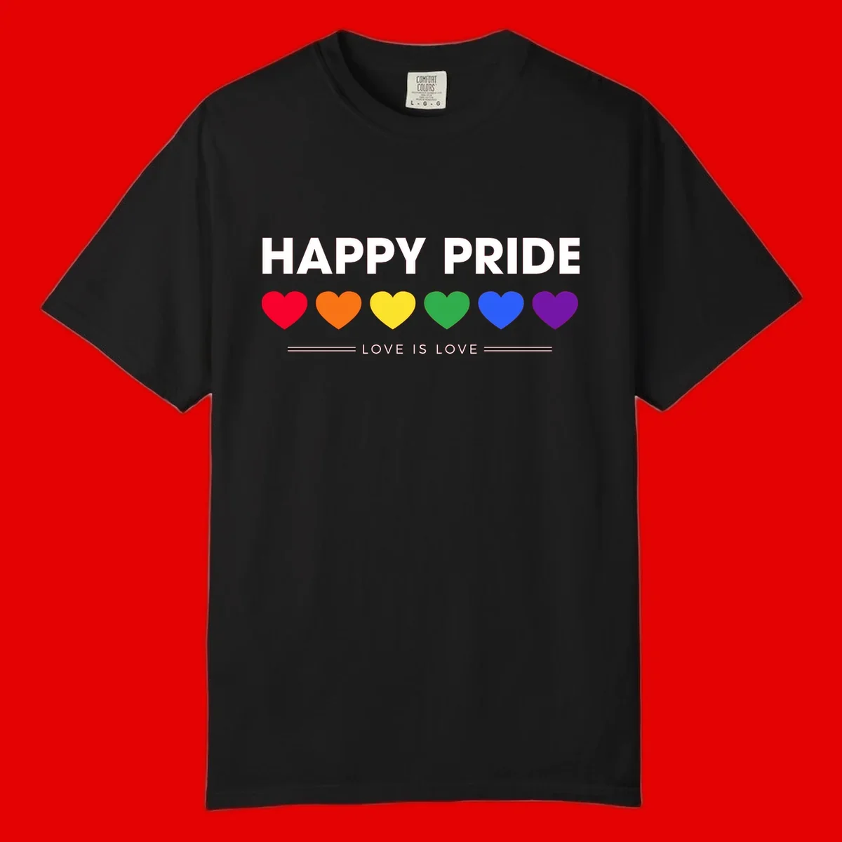 Love is love pride design with six colorful rainbow hearts and celebratory text on gray background