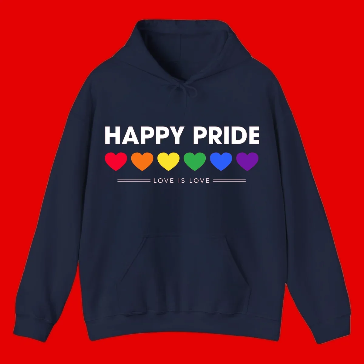 Love is love pride design with six colorful rainbow hearts and celebratory text on gray background