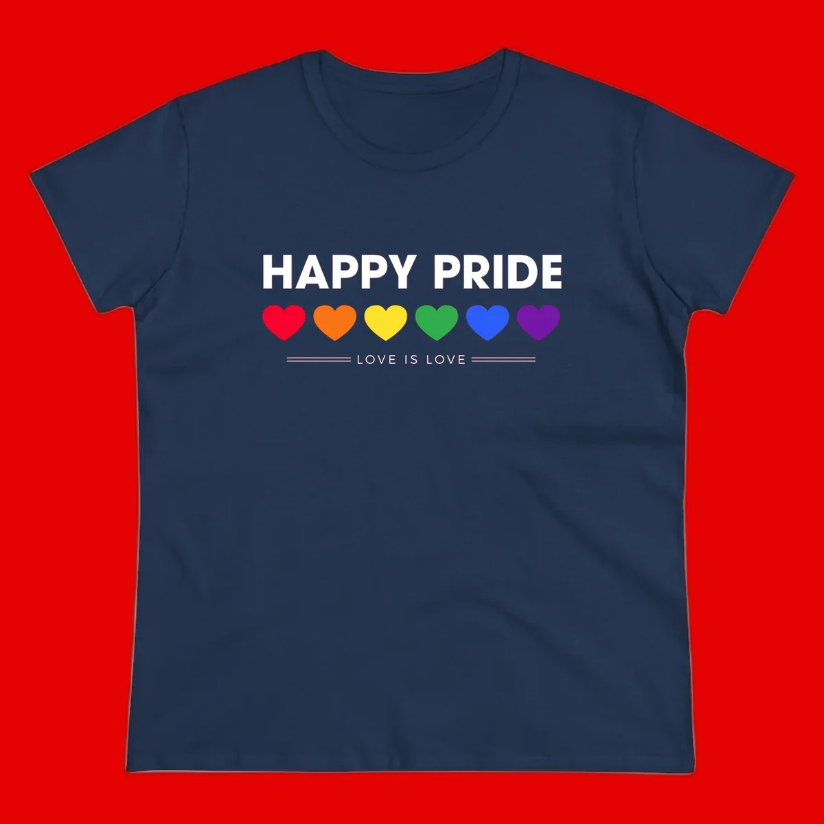 Love is love pride design with six colorful rainbow hearts and celebratory text on gray background