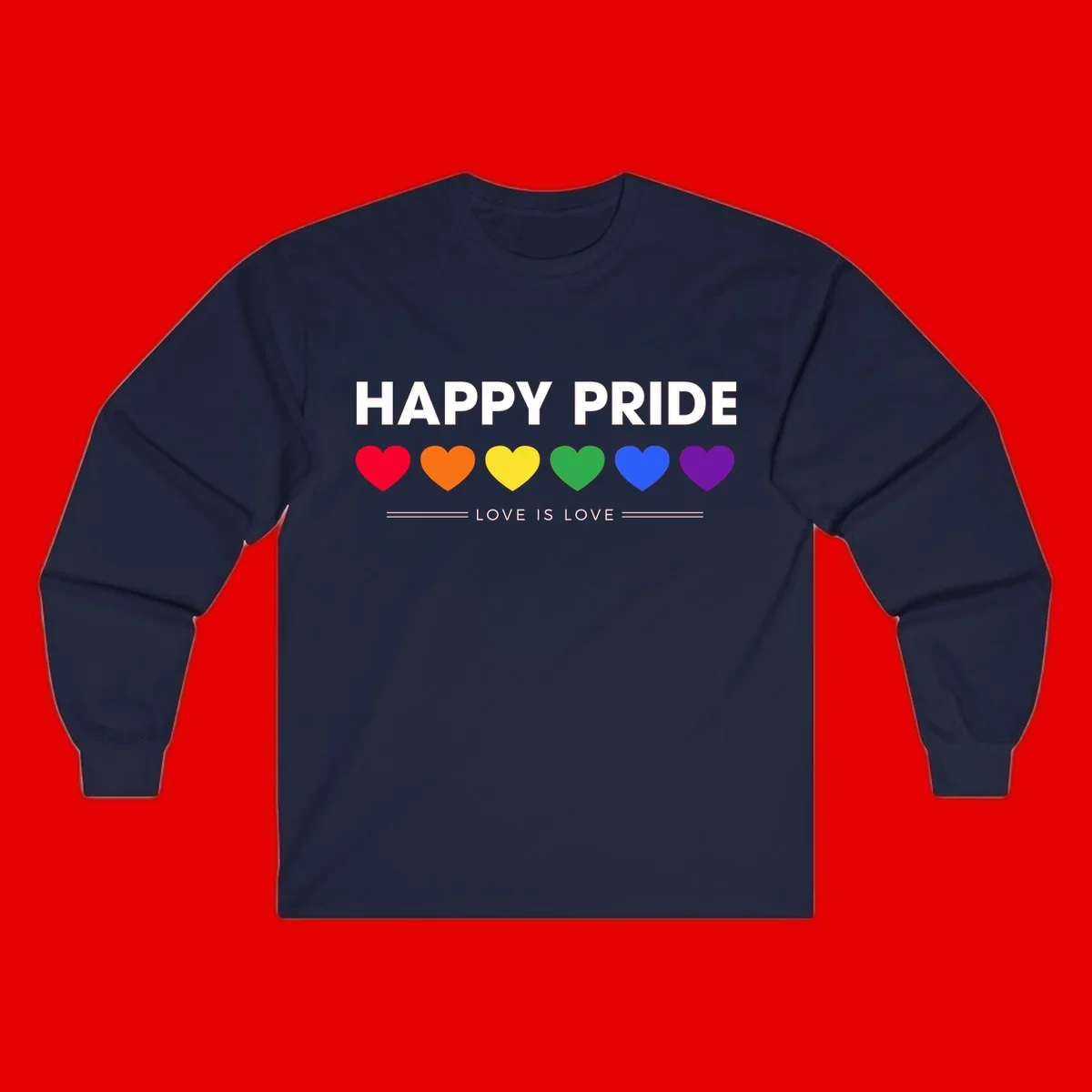 Love is love pride design with six colorful rainbow hearts and celebratory text on gray background