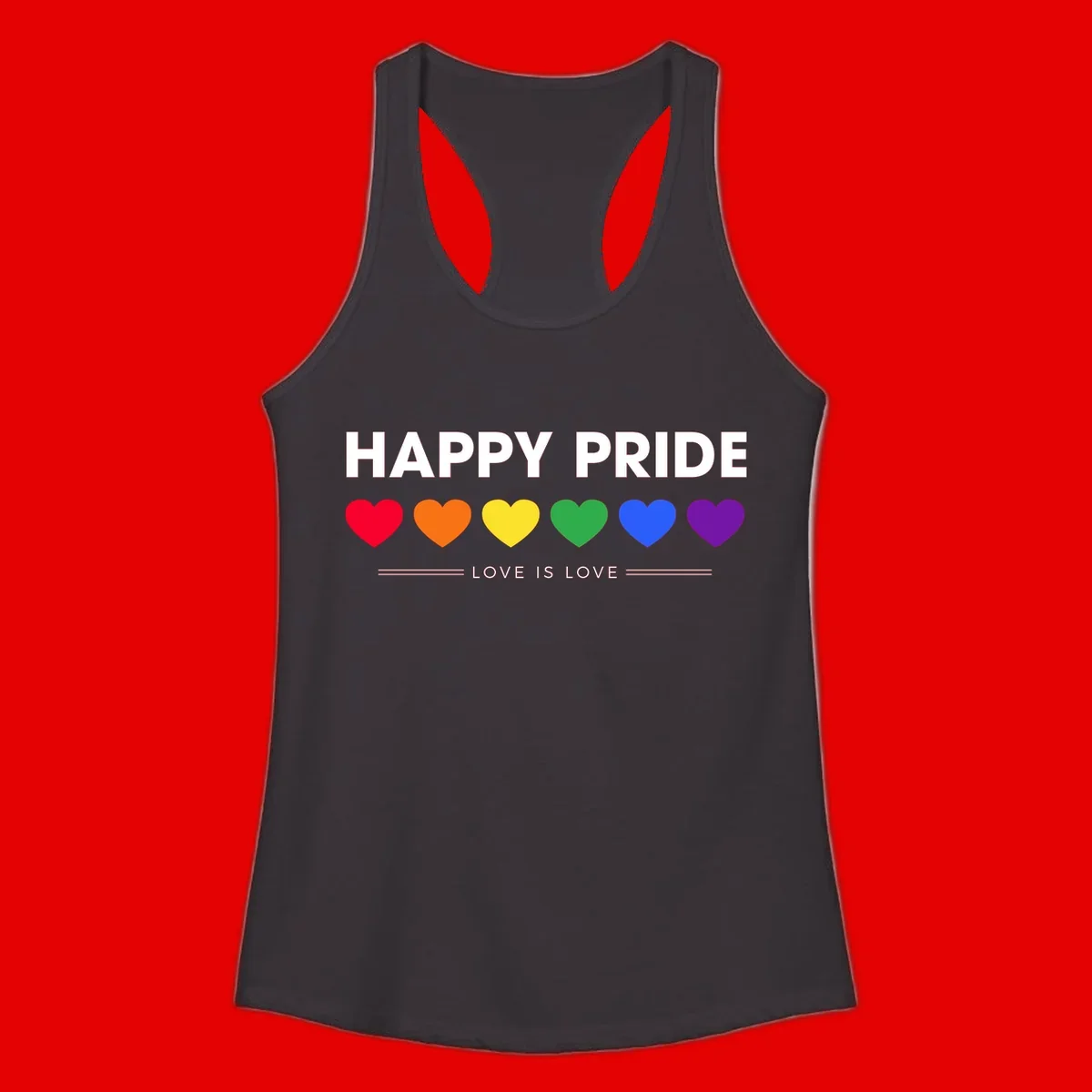 Love is love pride design with six colorful rainbow hearts and celebratory text on gray background