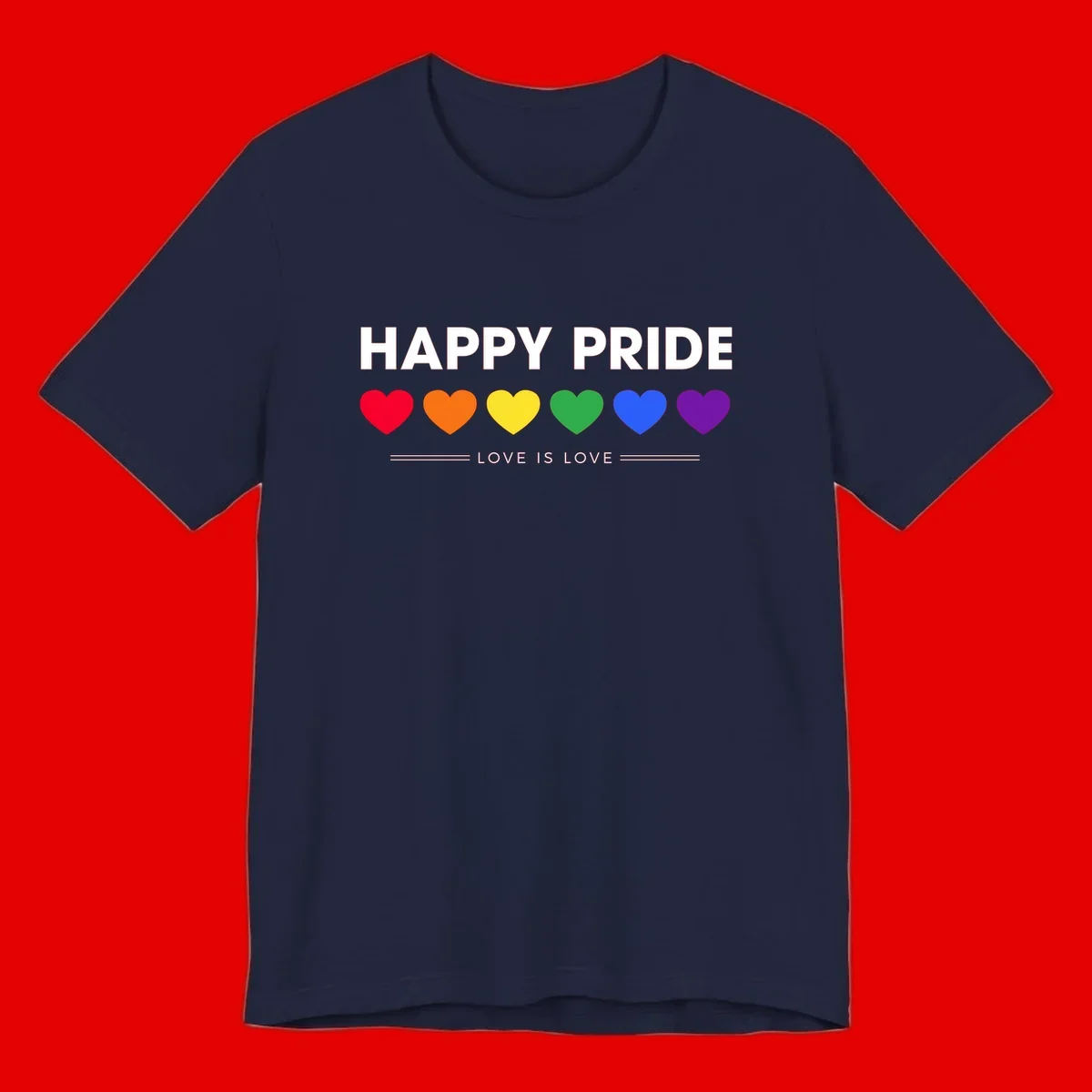 Love is love pride design with six colorful rainbow hearts and celebratory text on gray background