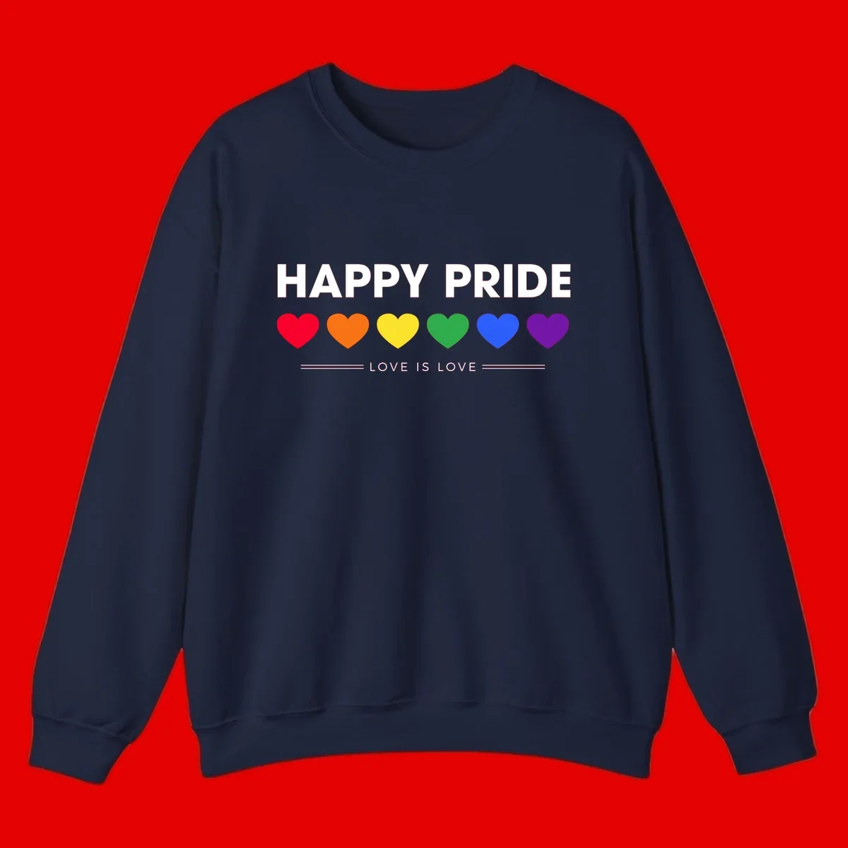 Love is love pride design with six colorful rainbow hearts and celebratory text on gray background