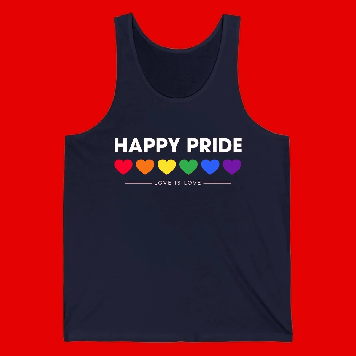 Love is love pride design with six colorful rainbow hearts and celebratory text on gray background