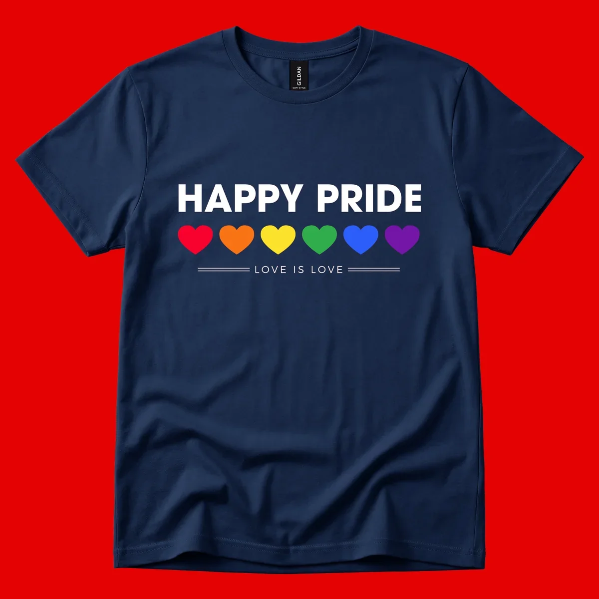 Love is love pride design with six colorful rainbow hearts and celebratory text on gray background