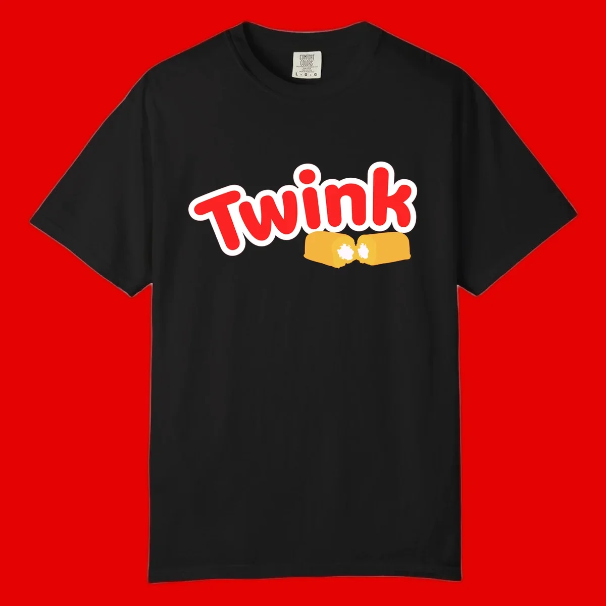 Red 'Twink' text with white outline above two yellow fists bumping together with white highlights, comic book style pride design