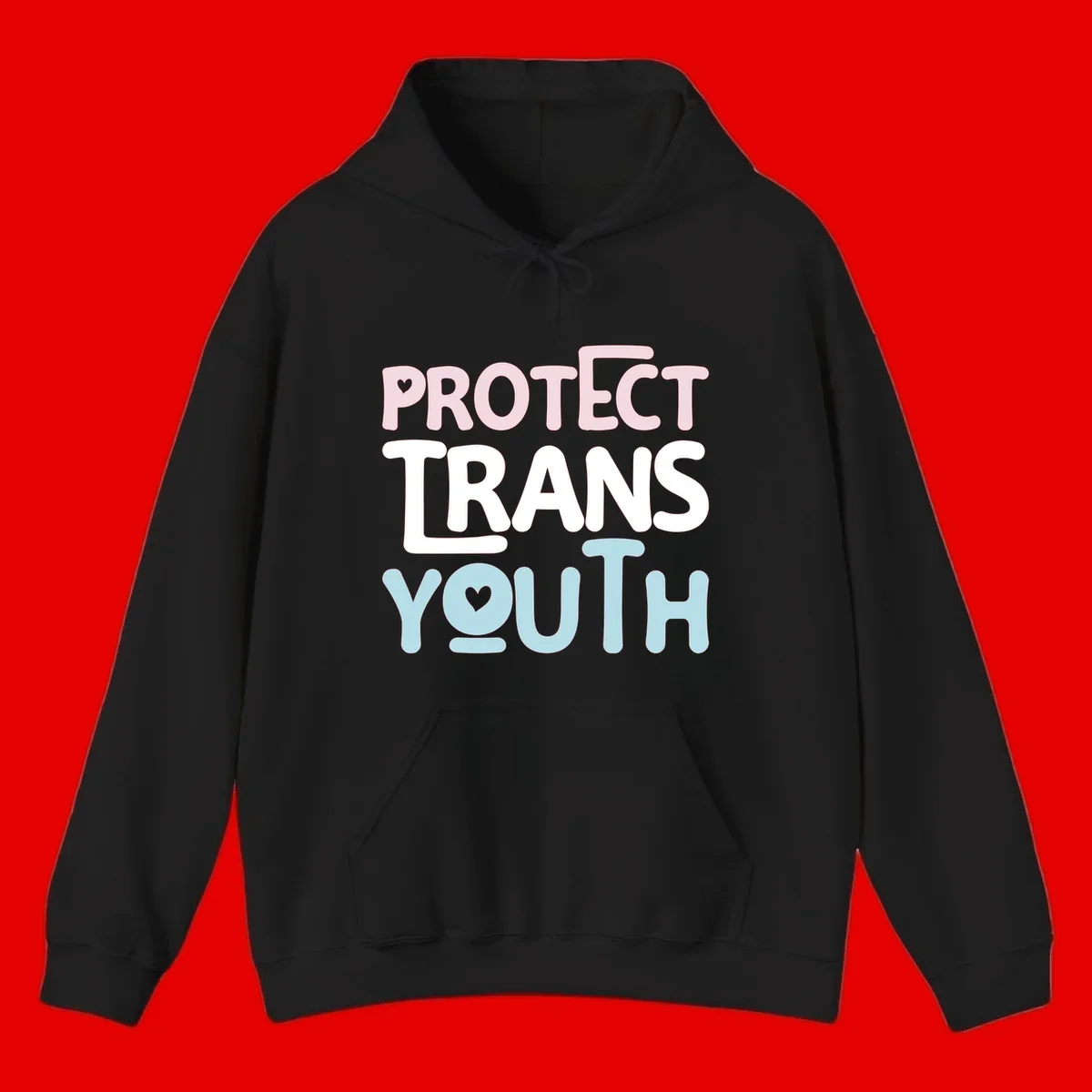 Protect trans youth design with pink, white, and blue bold lettering and heart symbols