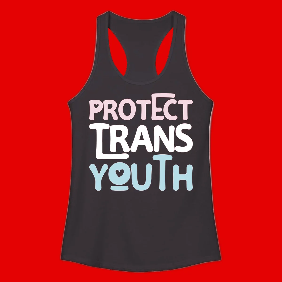 Protect trans youth design with pink, white, and blue bold lettering and heart symbols