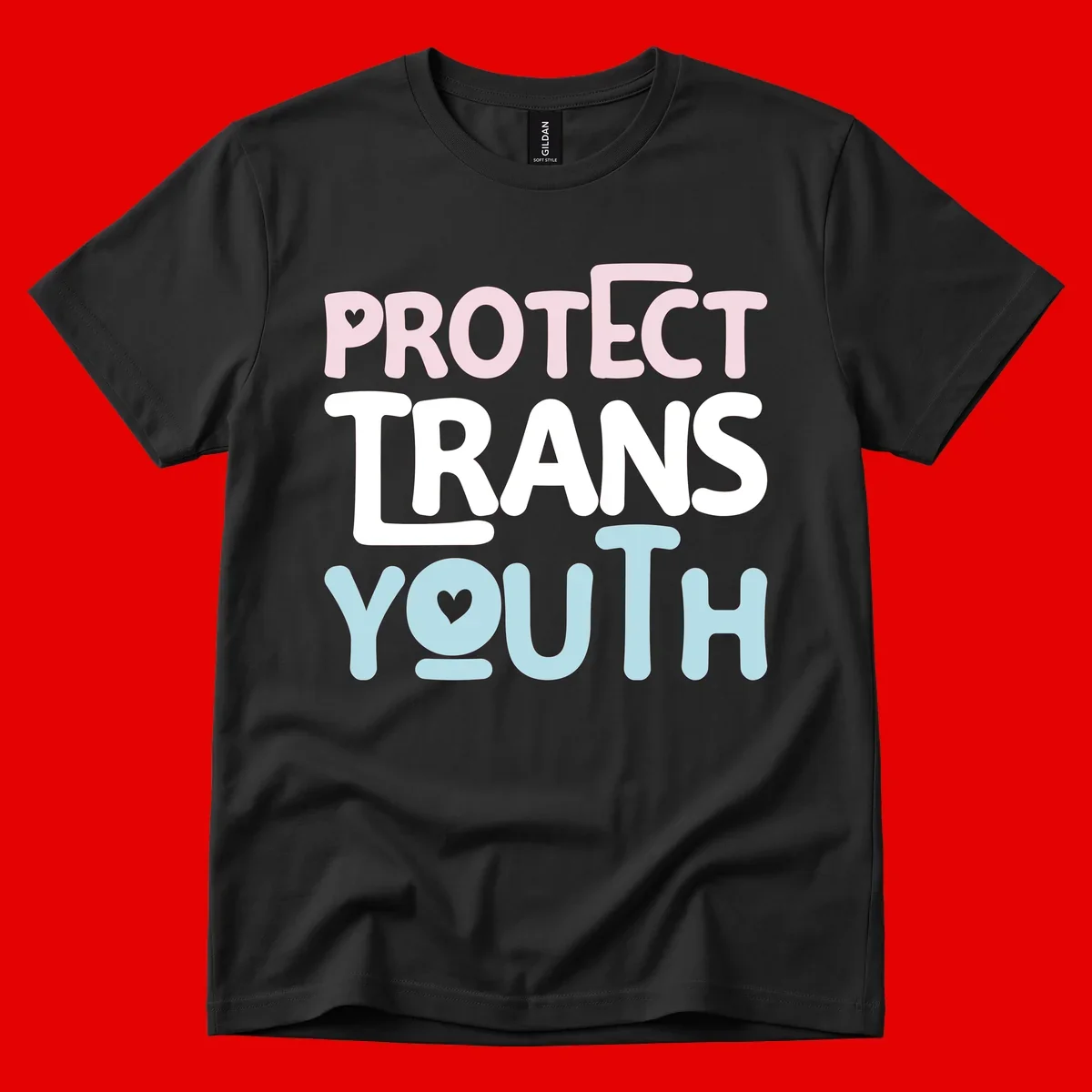Protect trans youth design with pink, white, and blue bold lettering and heart symbols
