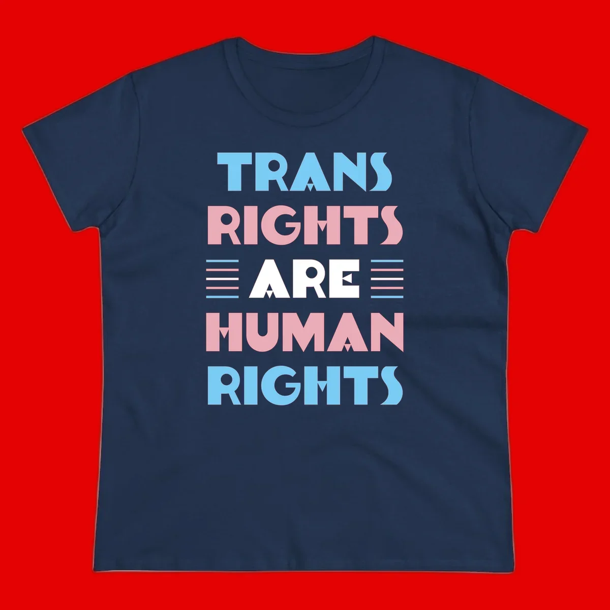 Bold typography design reading 'TRANS RIGHTS ARE HUMAN RIGHTS' with transgender flag colored stripes on gray background