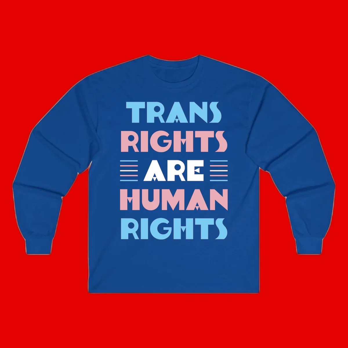Bold typography design reading 'TRANS RIGHTS ARE HUMAN RIGHTS' with transgender flag colored stripes on gray background