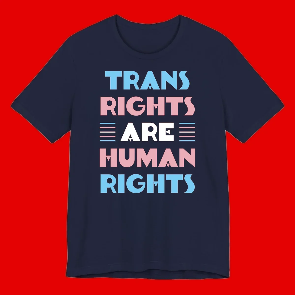 Bold typography design reading 'TRANS RIGHTS ARE HUMAN RIGHTS' with transgender flag colored stripes on gray background