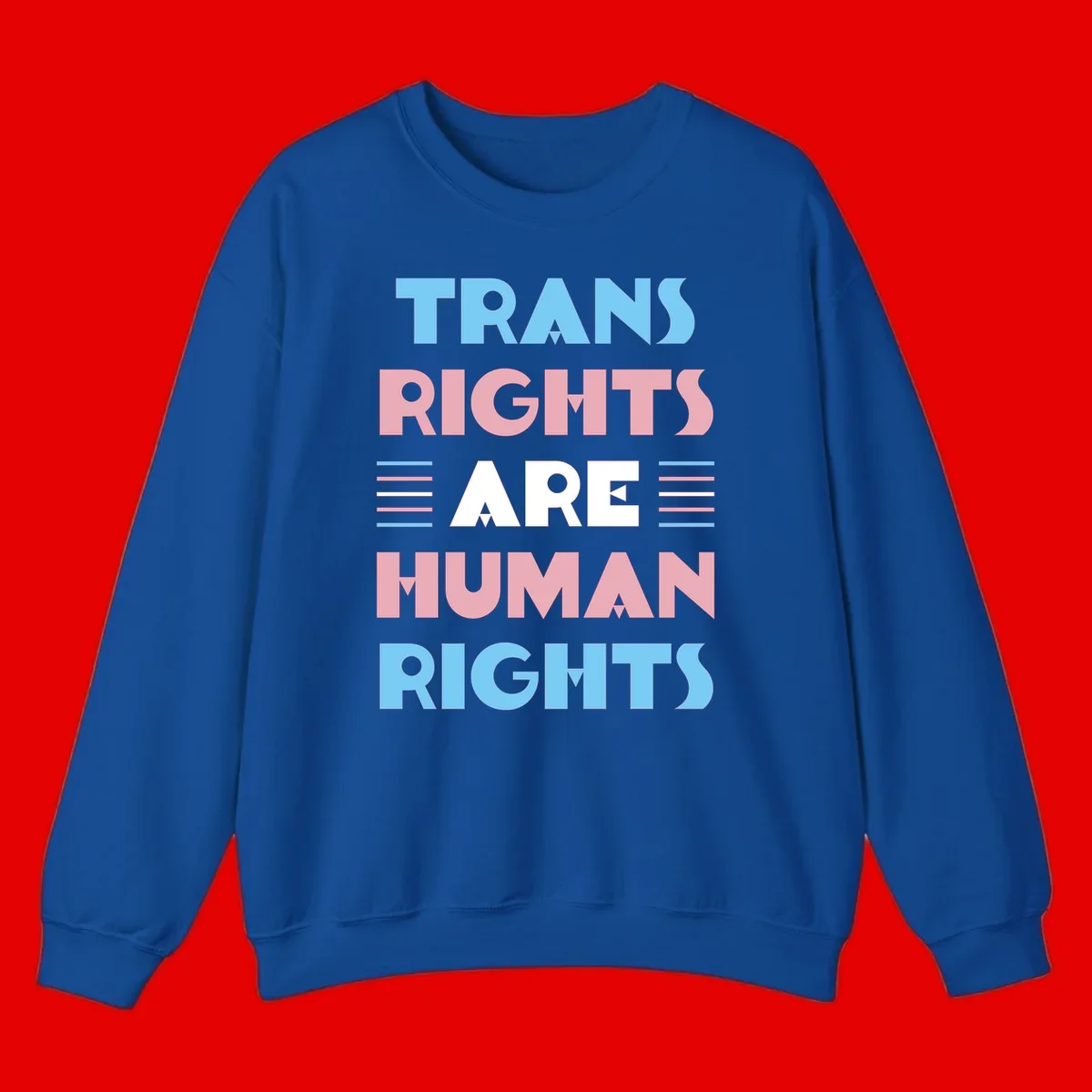 Bold typography design reading 'TRANS RIGHTS ARE HUMAN RIGHTS' with transgender flag colored stripes on gray background