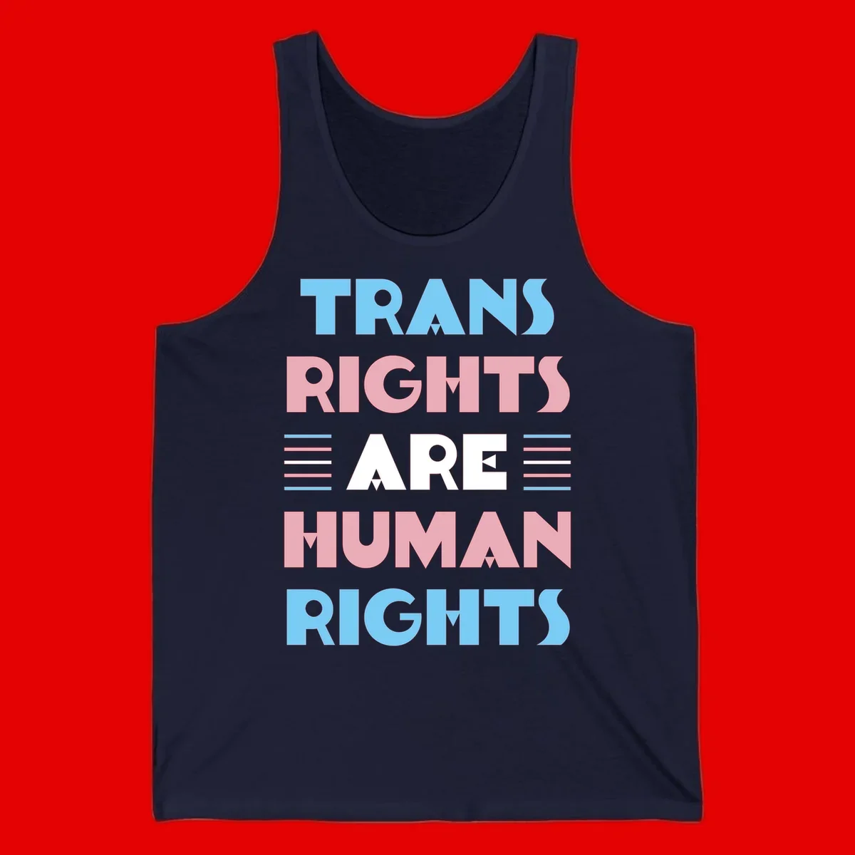 Bold typography design reading 'TRANS RIGHTS ARE HUMAN RIGHTS' with transgender flag colored stripes on gray background