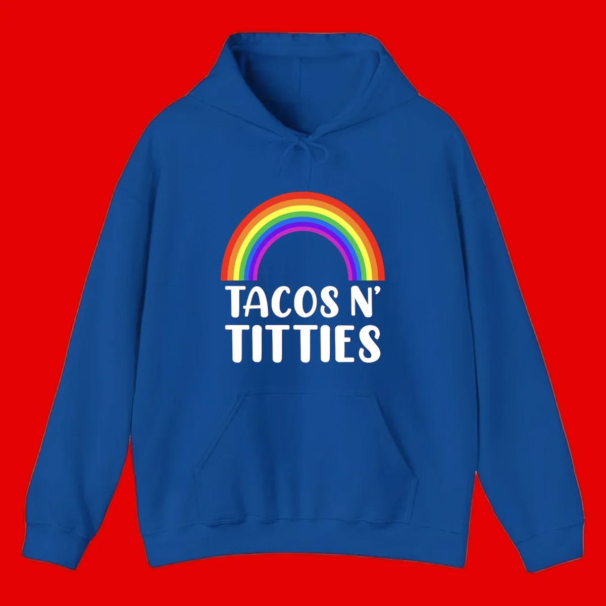 Colorful rainbow arc above white text reading 'TACOS N' TACOS' on gray background, celebrating Pride with playful design