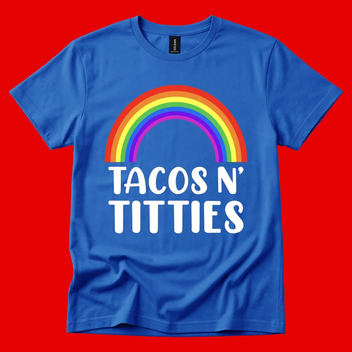 Colorful rainbow arc above white text reading 'TACOS N' TACOS' on gray background, celebrating Pride with playful design