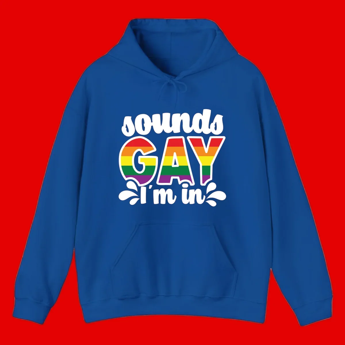 Proud gay I'm in design with rainbow pride flag stripes filling large bold letters and white decorative flourishes