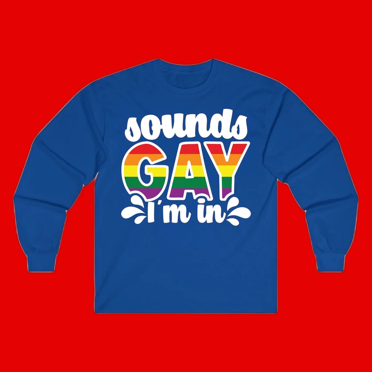 Proud gay I'm in design with rainbow pride flag stripes filling large bold letters and white decorative flourishes
