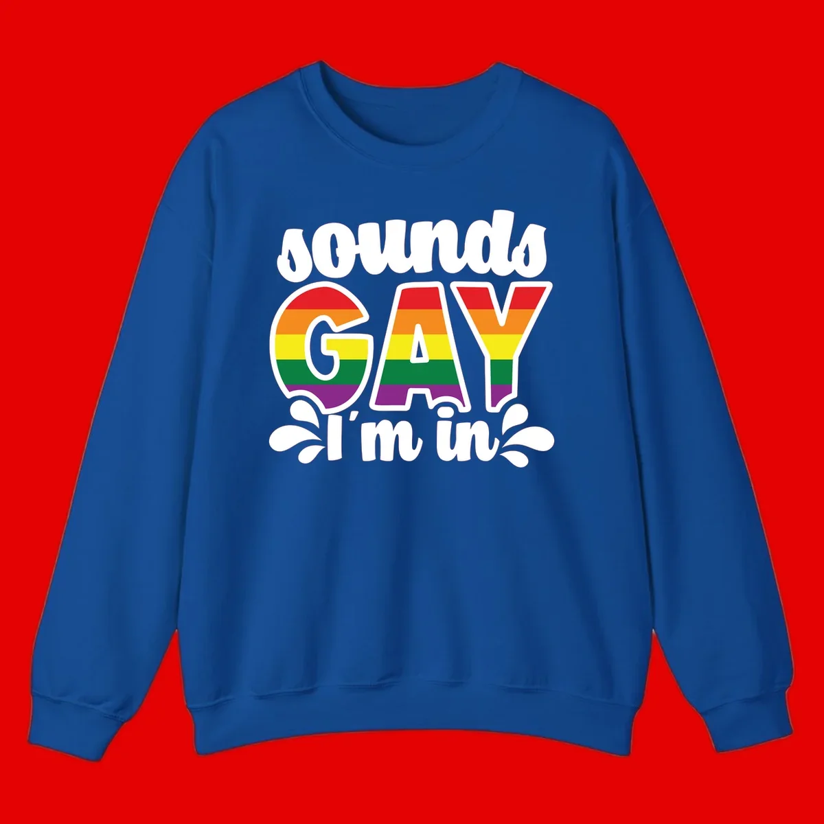 Proud gay I'm in design with rainbow pride flag stripes filling large bold letters and white decorative flourishes