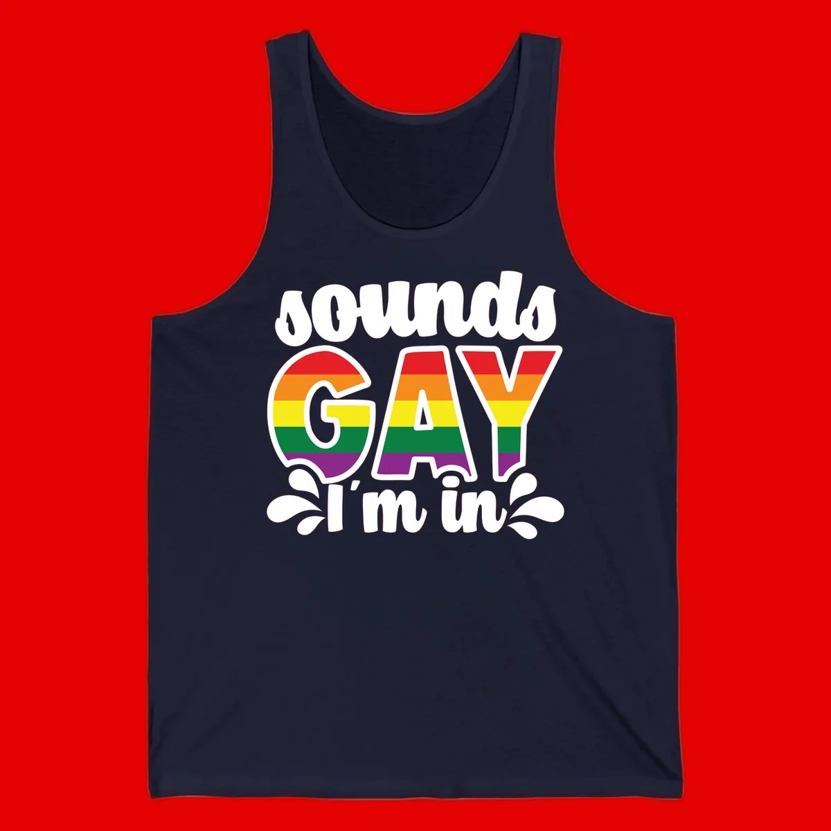 Proud gay I'm in design with rainbow pride flag stripes filling large bold letters and white decorative flourishes