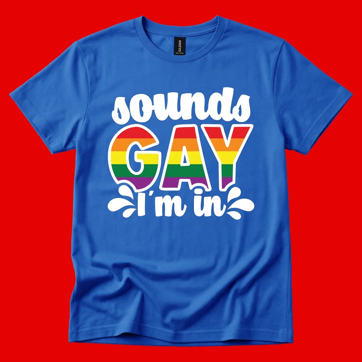 Proud gay I'm in design with rainbow pride flag stripes filling large bold letters and white decorative flourishes