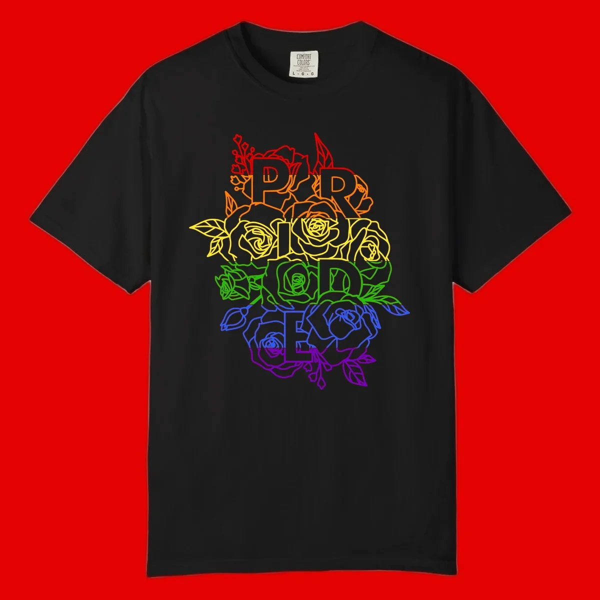 Pride rainbow floral design with roses and botanical leaves in red, orange, yellow, green, blue, and purple surrounding the word PRIDE