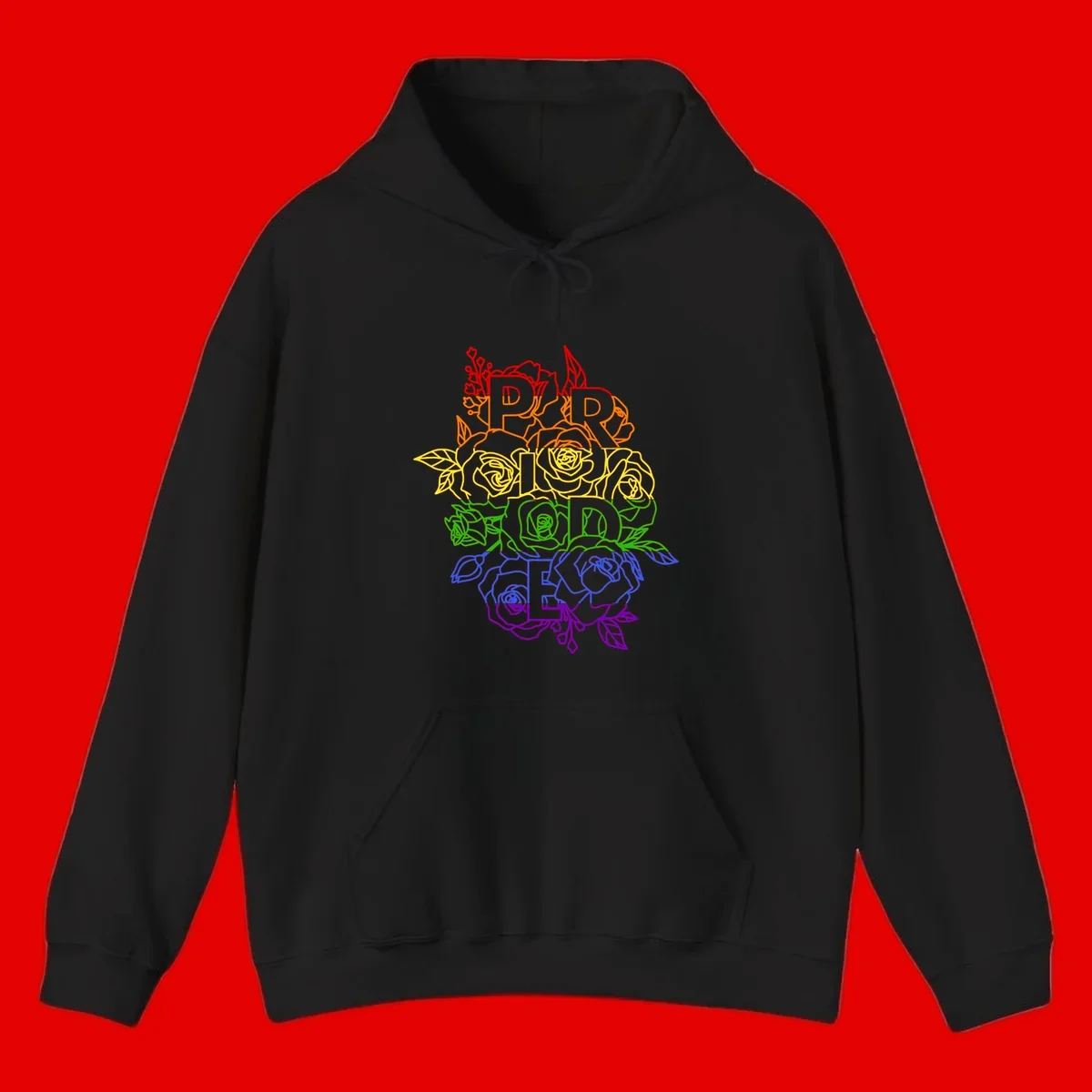 Pride rainbow floral design with roses and botanical leaves in red, orange, yellow, green, blue, and purple surrounding the word PRIDE