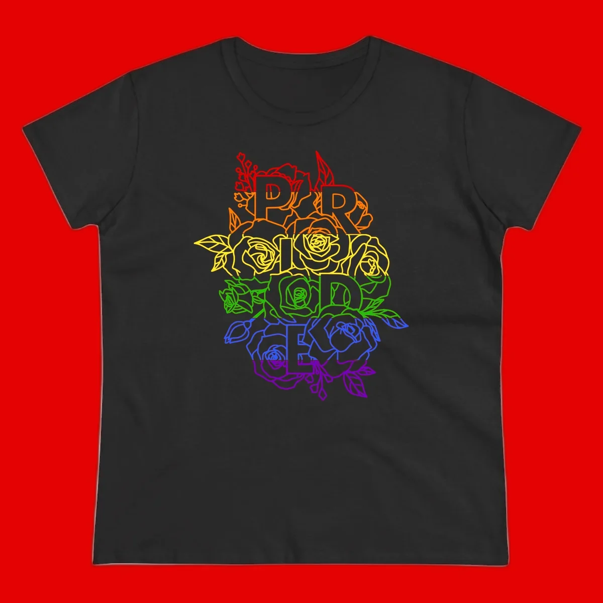 Pride rainbow floral design with roses and botanical leaves in red, orange, yellow, green, blue, and purple surrounding the word PRIDE