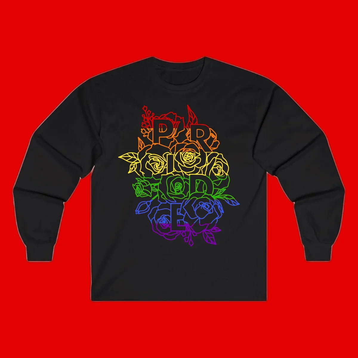 Pride rainbow floral design with roses and botanical leaves in red, orange, yellow, green, blue, and purple surrounding the word PRIDE