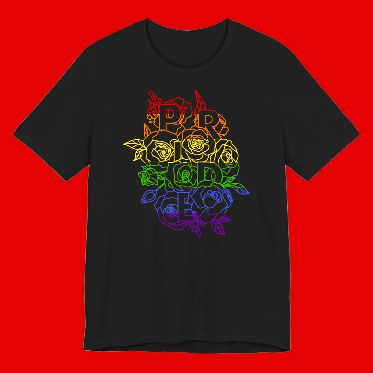 Pride rainbow floral design with roses and botanical leaves in red, orange, yellow, green, blue, and purple surrounding the word PRIDE