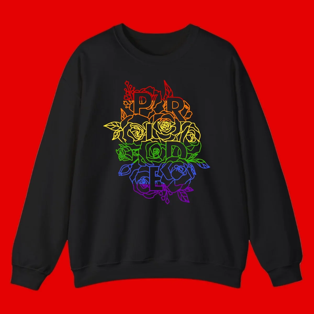 Pride rainbow floral design with roses and botanical leaves in red, orange, yellow, green, blue, and purple surrounding the word PRIDE