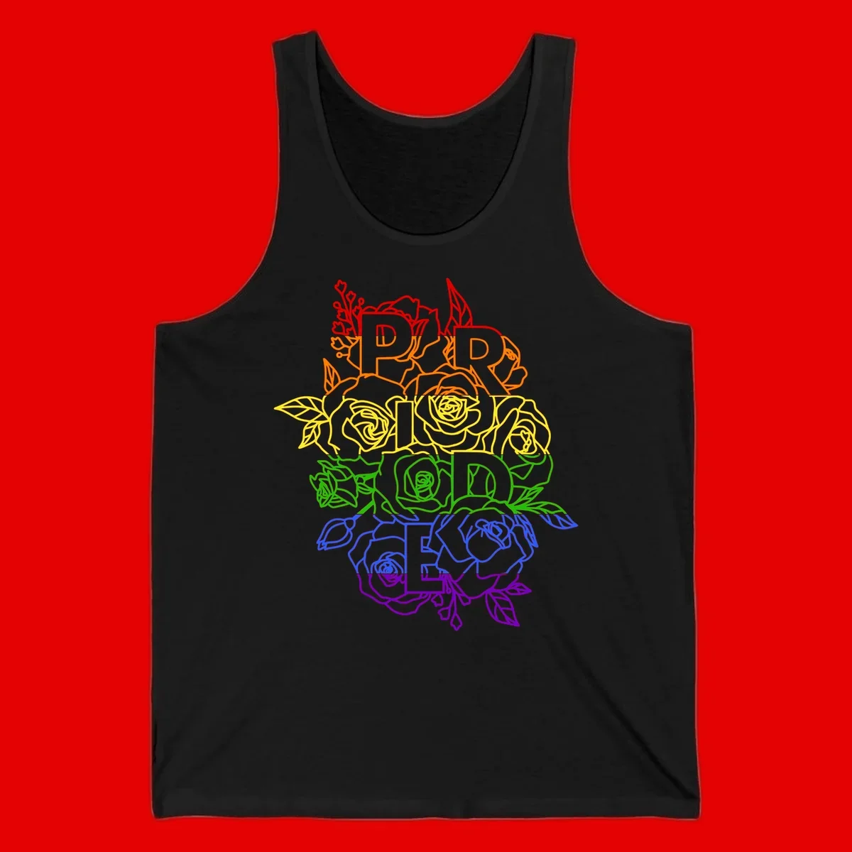 Pride rainbow floral design with roses and botanical leaves in red, orange, yellow, green, blue, and purple surrounding the word PRIDE