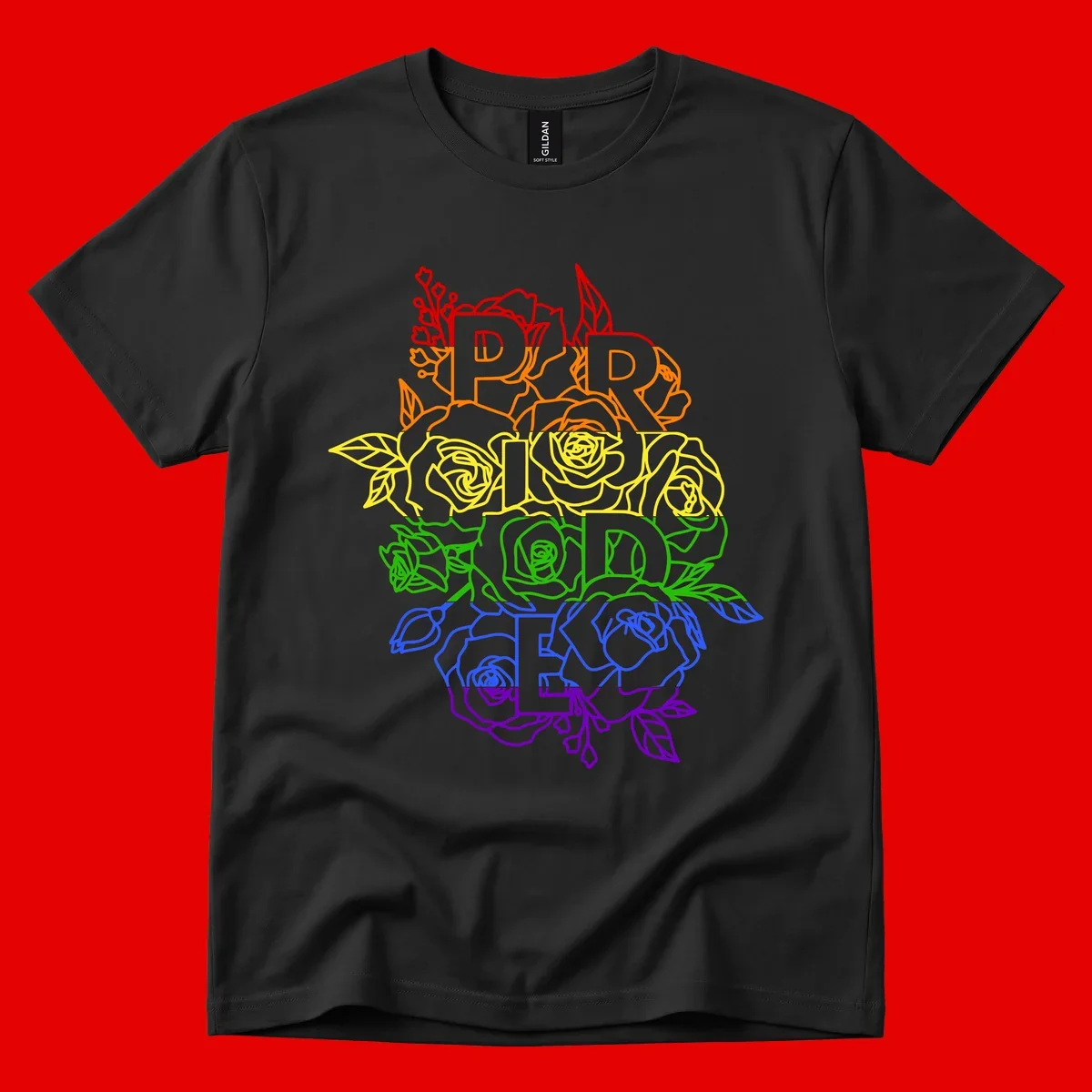 Pride rainbow floral design with roses and botanical leaves in red, orange, yellow, green, blue, and purple surrounding the word PRIDE