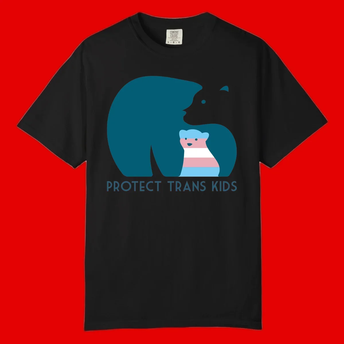 Large teal bear protecting small striped cub with 'PROTECT TRANS KIDS' text below in protect-trans-kids-bear design