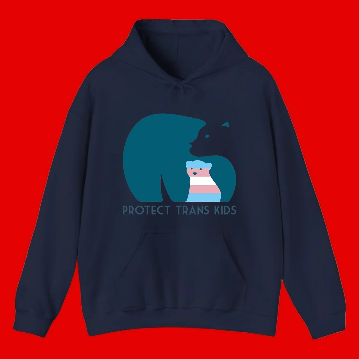 Large teal bear protecting small striped cub with 'PROTECT TRANS KIDS' text below in protect-trans-kids-bear design